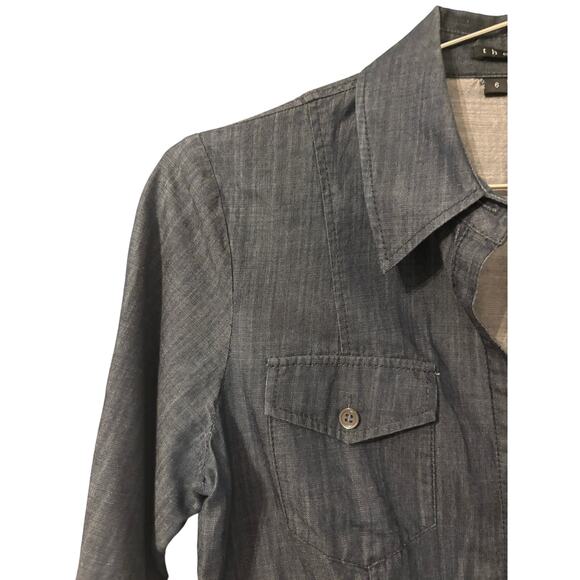 Theory Dark Blue Cotton Chambray Tabbed Sleeve A Line Button Front Dress S - Picture 4 of 7